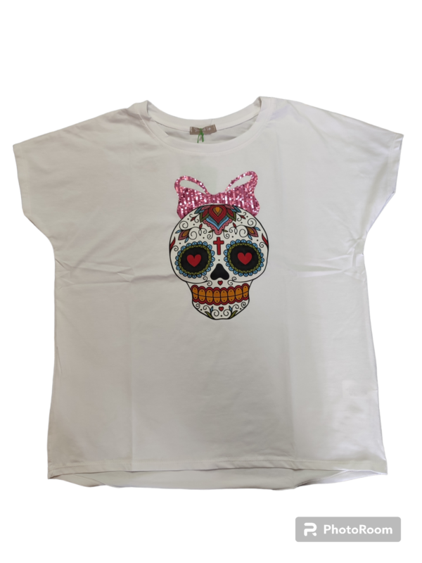 CAMISETA CALAVERA MEXICANA LAZO BLANCA